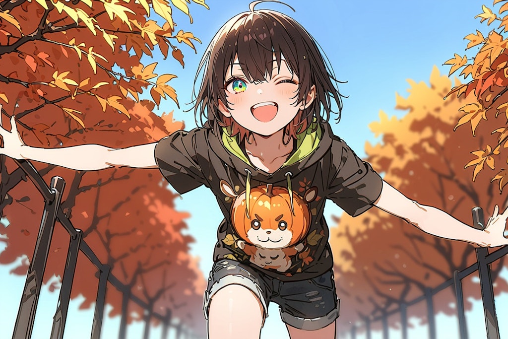 A boy enjoying an autumn park