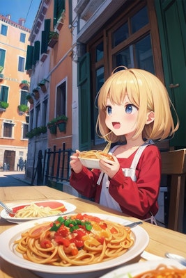 ヴェネツィア観光、嬉しそうにパスタランチを食べる少女
