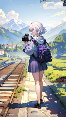 鉄道の写真を撮ろうとする弊社キャラクター【けい あいな】