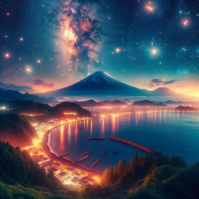 富士山と夜空と海 | の人気AIイラスト・グラビア