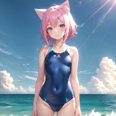 猫耳  ピンク髪  女の子の海水浴