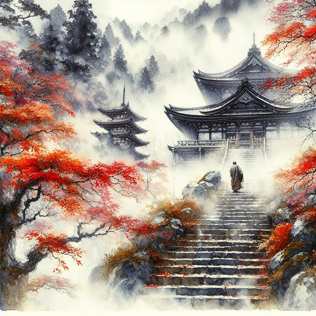 霧深い山寺の僧