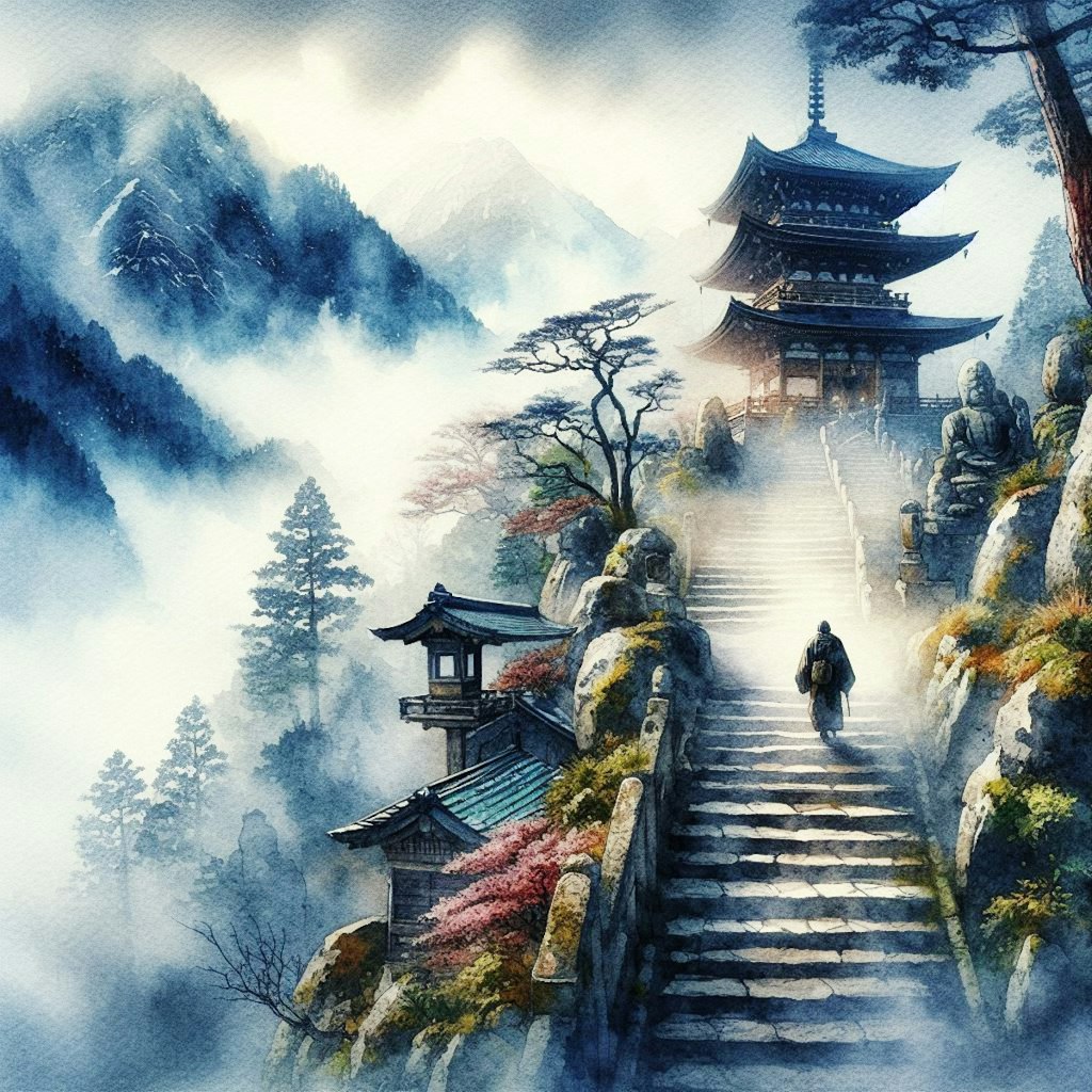 霧深い山寺の僧