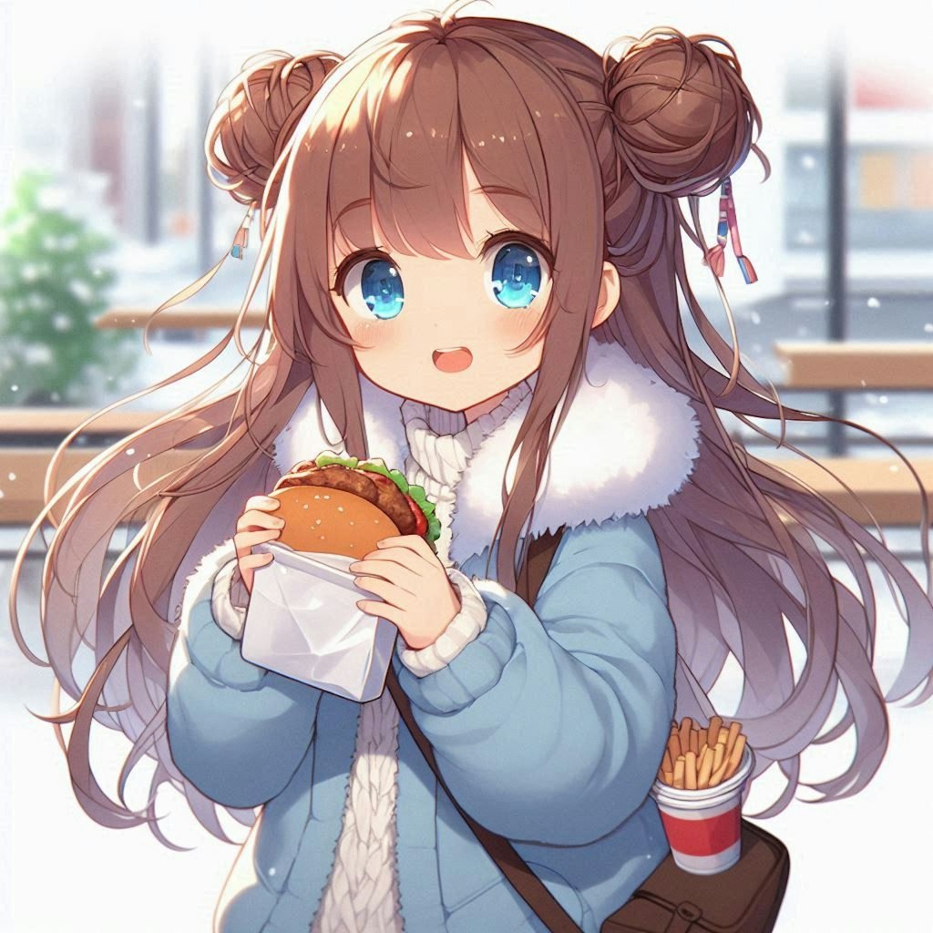 ハンバーガーを食べながら歩く小さな女の子