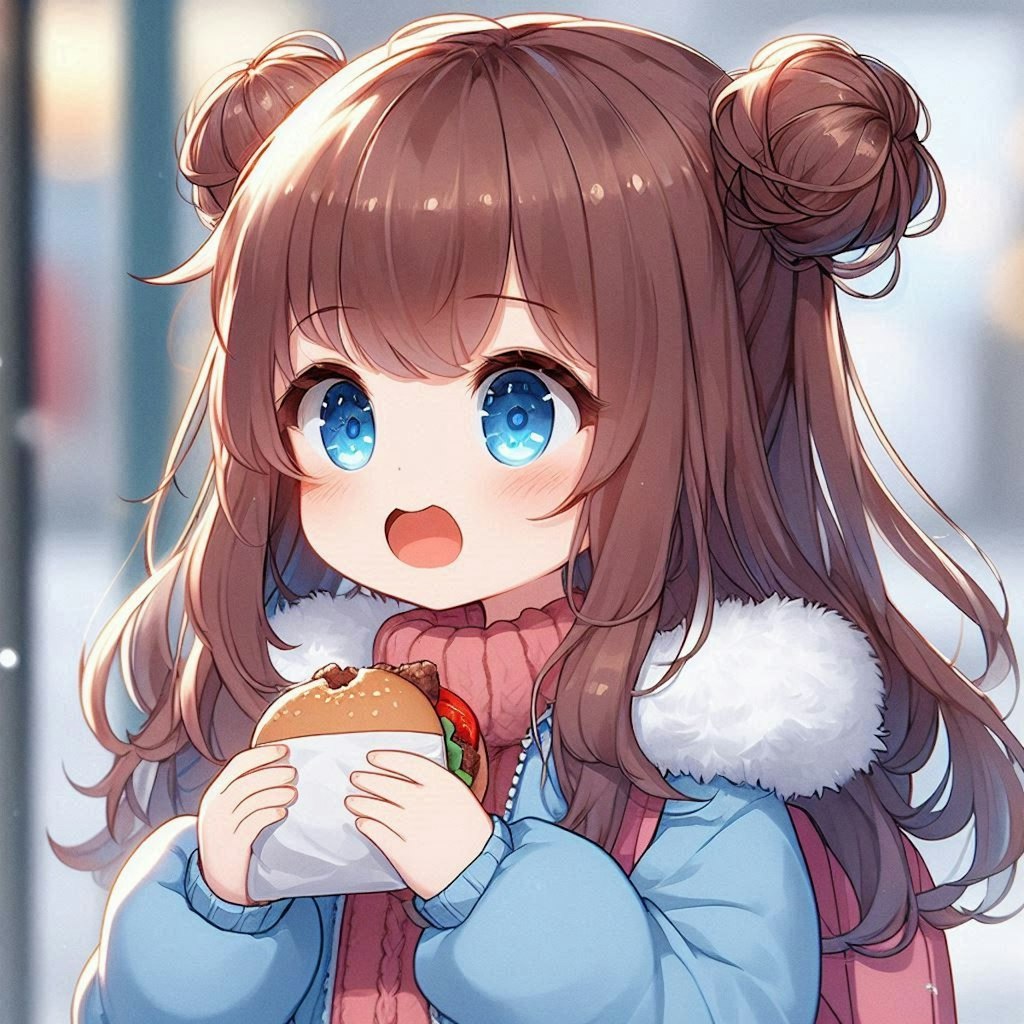 ハンバーガーを食べながら歩く小さな女の子