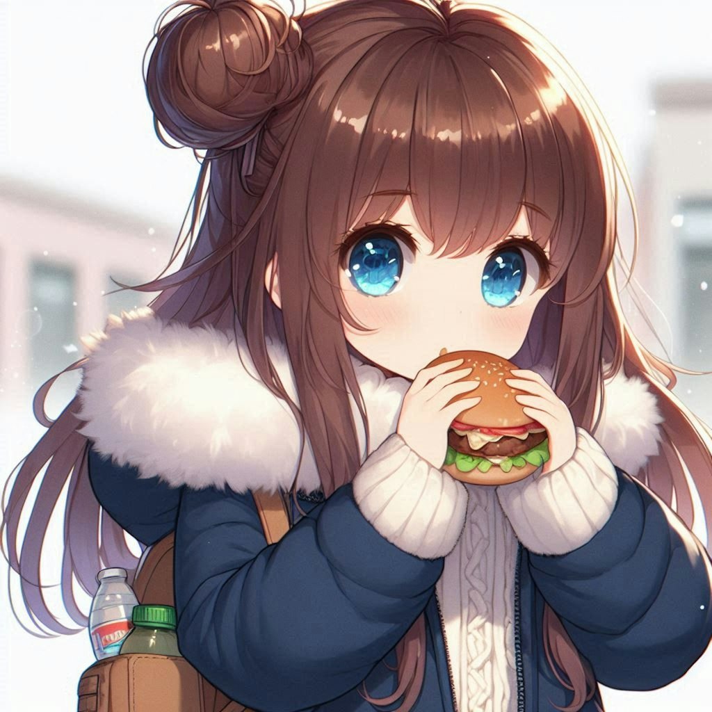 ハンバーガーを食べながら歩く小さな女の子