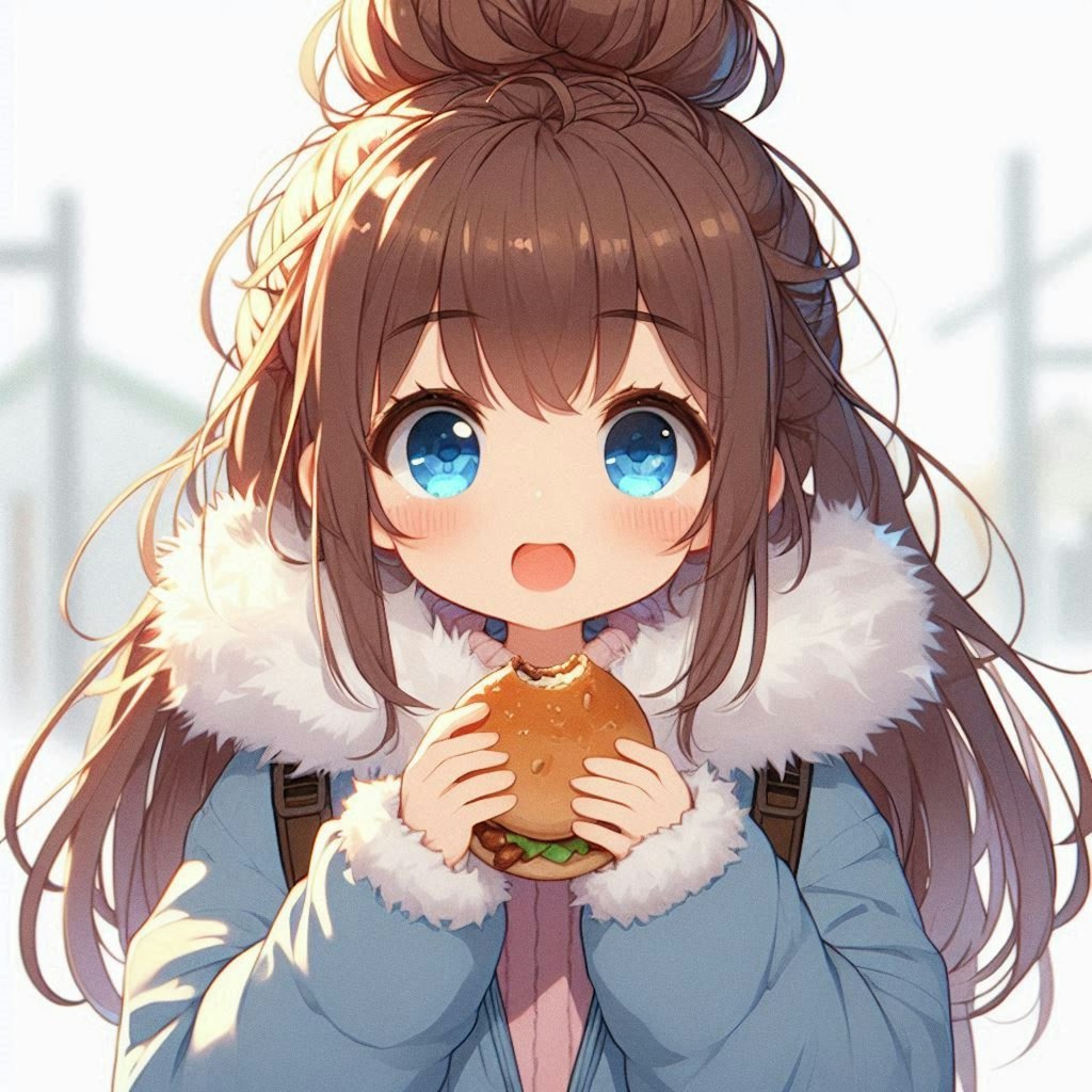 ハンバーガーを食べながら歩く小さな女の子