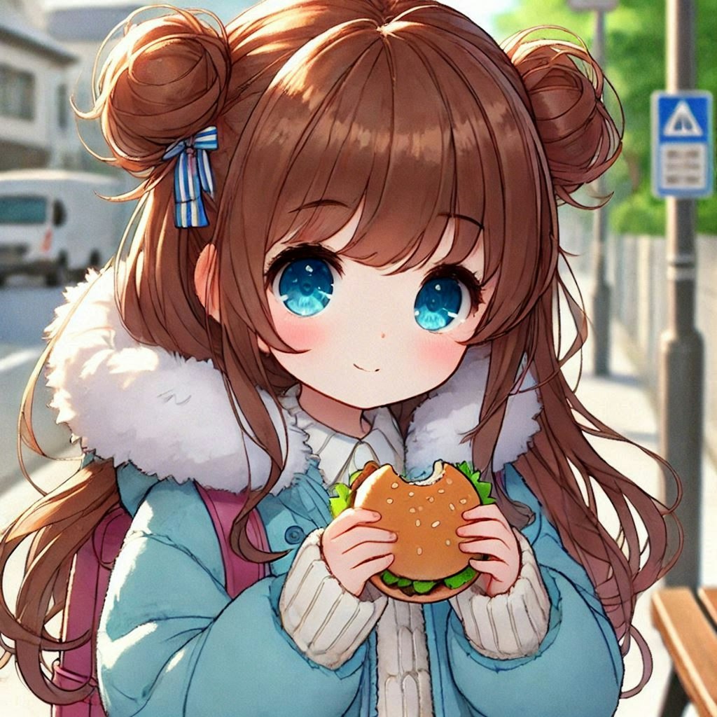 ハンバーガーを食べながら歩く小さな女の子