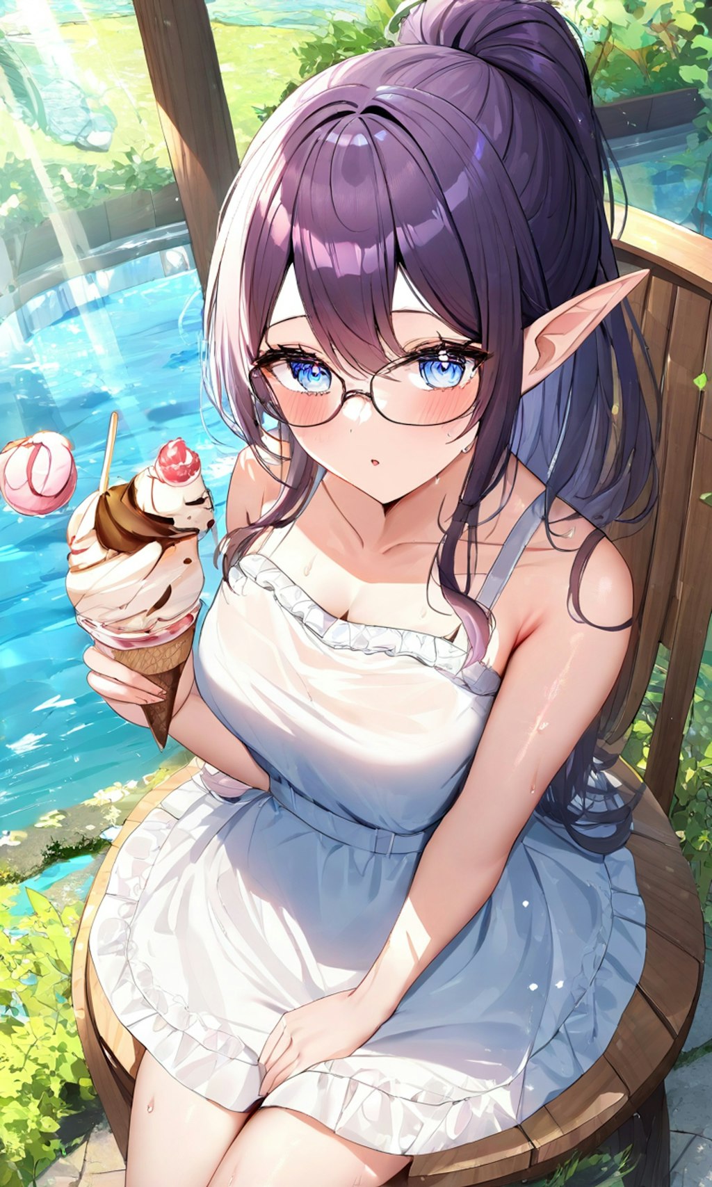 水辺でアイスクリームを食べる Eating ice cream by the water