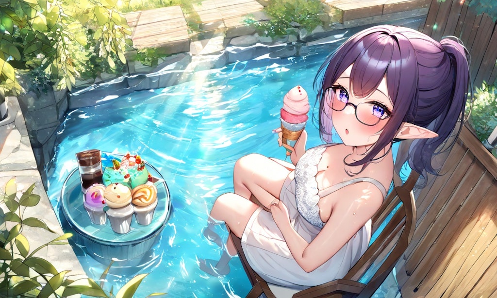 水辺でアイスクリームを食べる Eating ice cream by the water