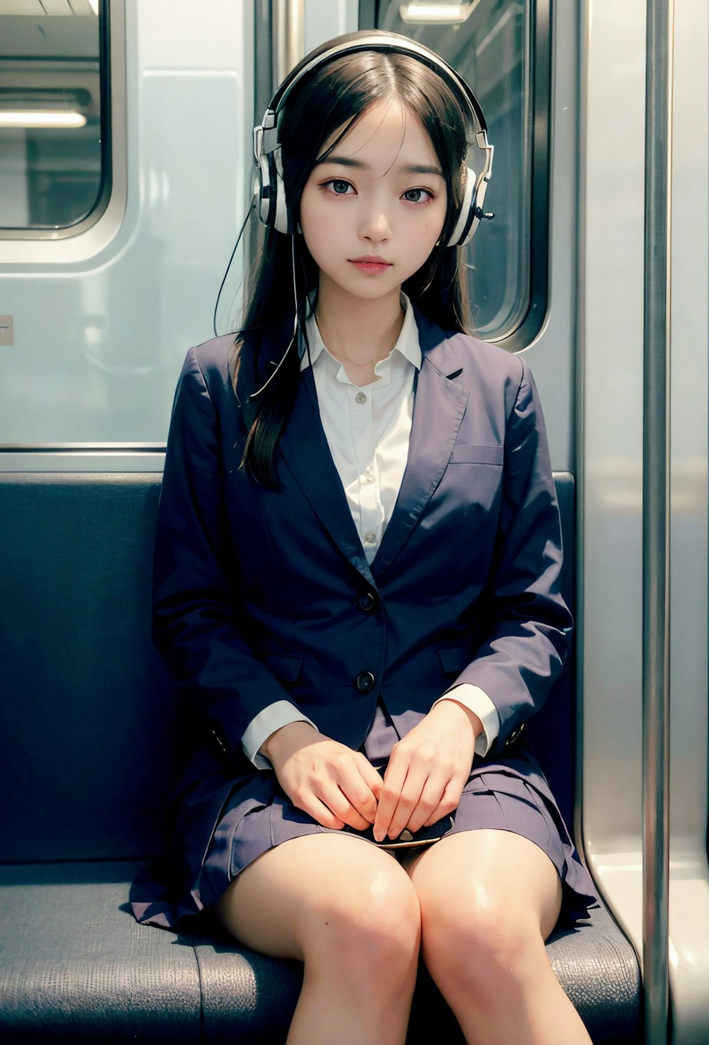 電車の中で音楽を聴く女子高生