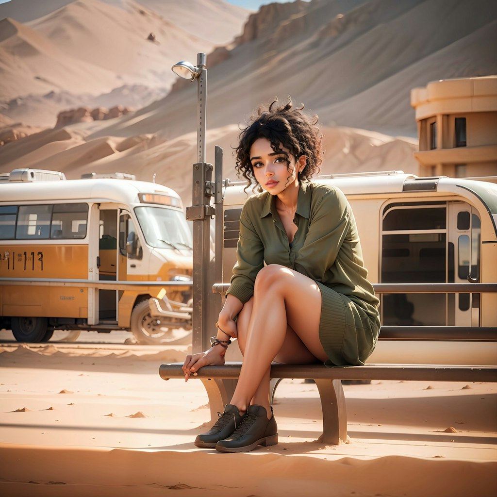 砂漠に有るバス停