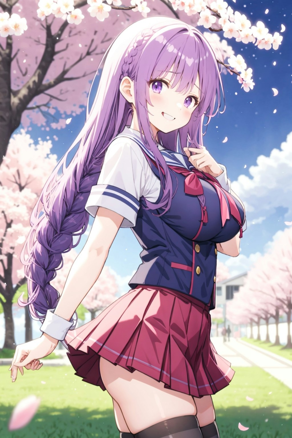 紫髪ロングの女の子（桜の木,横のangle）