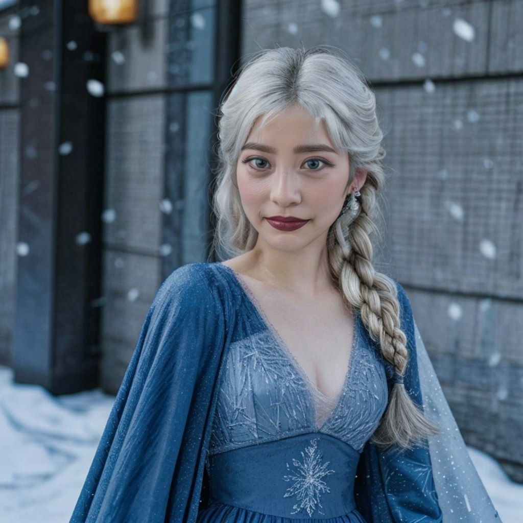 エルサが美しいドレスと魔法のケープで雪と氷の城を舞台に繰り広げる魔法のコスプレイヤー