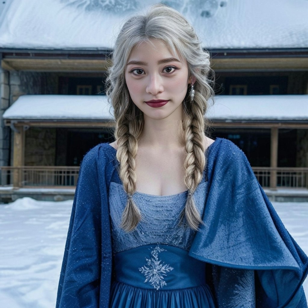 エルサが美しいドレスと魔法のケープで雪と氷の城を舞台に繰り広げる魔法のコスプレイヤー