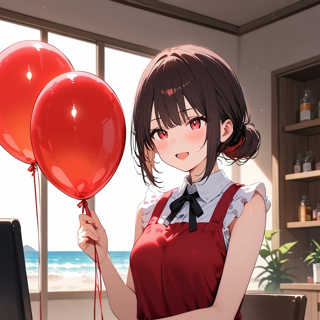 海の家で赤い風船を持つ黒髪の美女