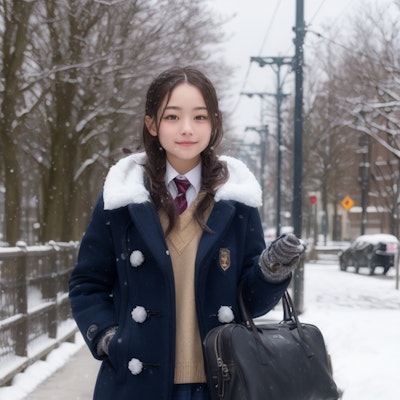 雪と通学中の娘