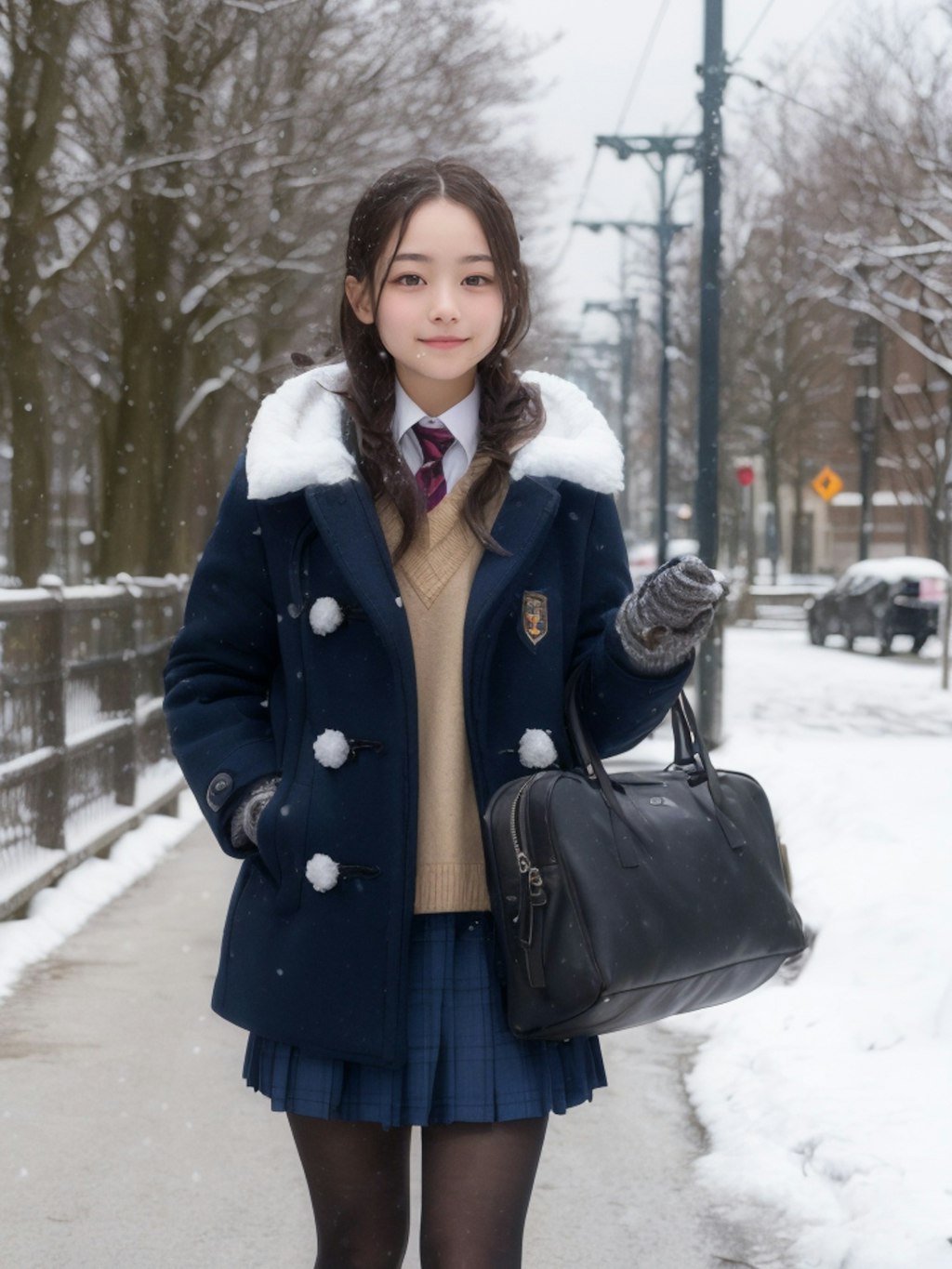 雪と通学中の娘