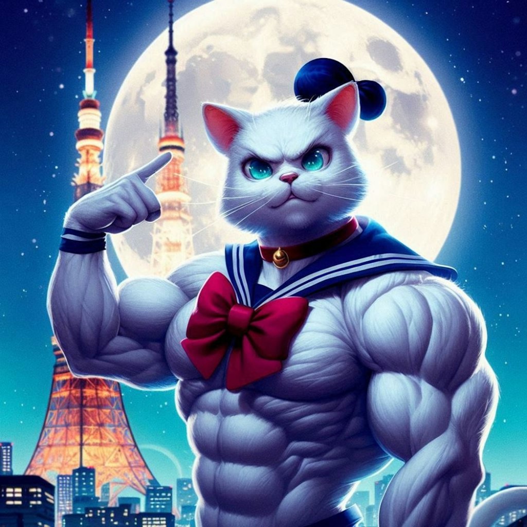 ファンタジー風 月夜のお団子ヘアーセーラー服コスプレ筋肉猫