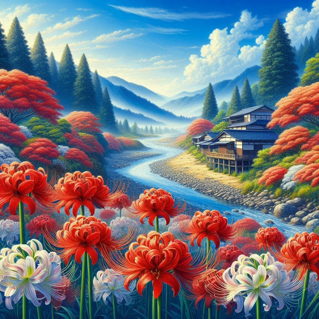 彼岸花の咲く風景・アクリルペイント