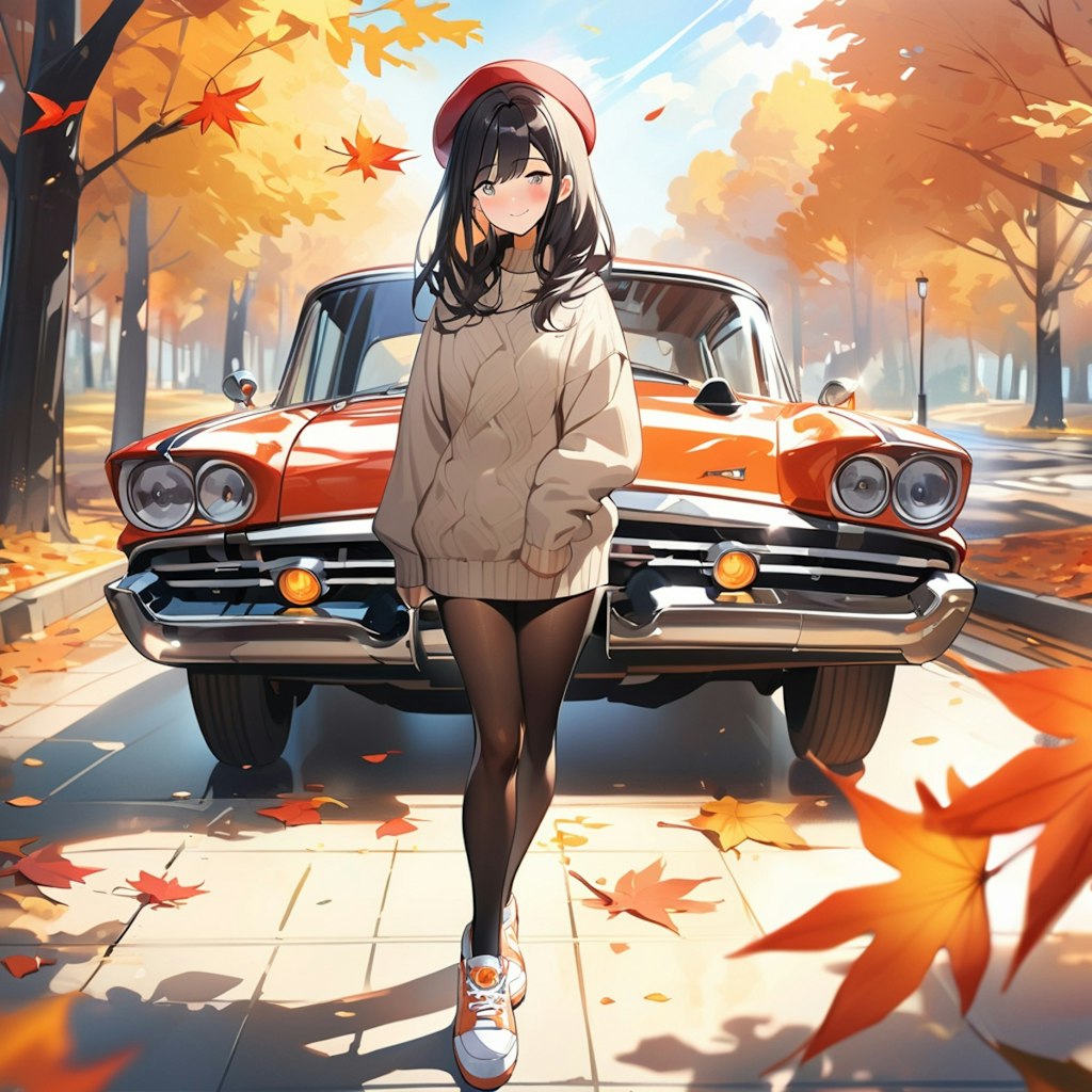 紅葉とクラシックカー