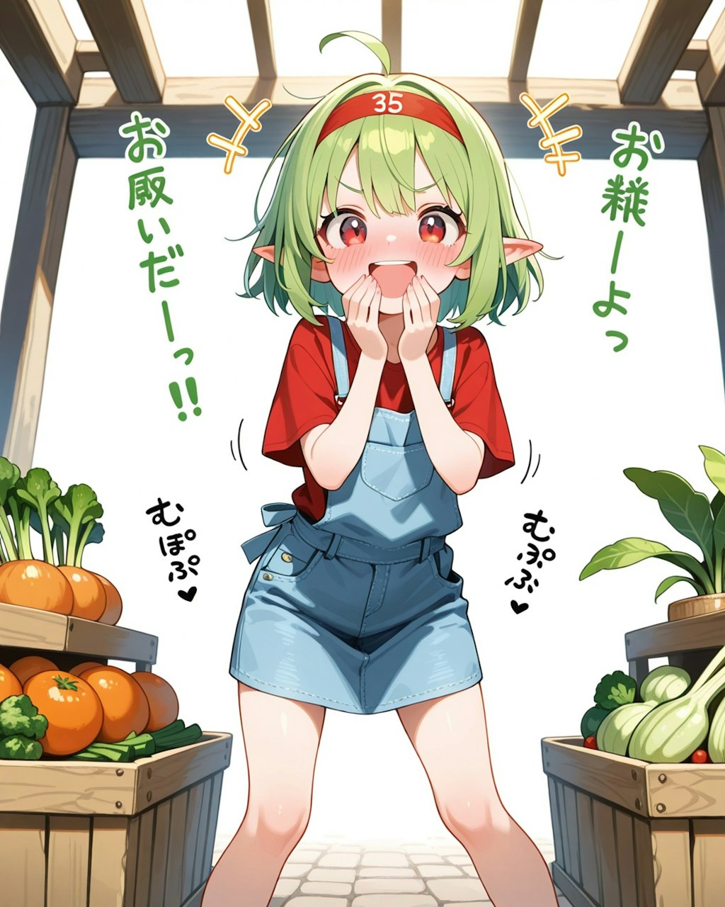 自分ちの畑で採れた野菜を市場で売り込むうちのエルフ