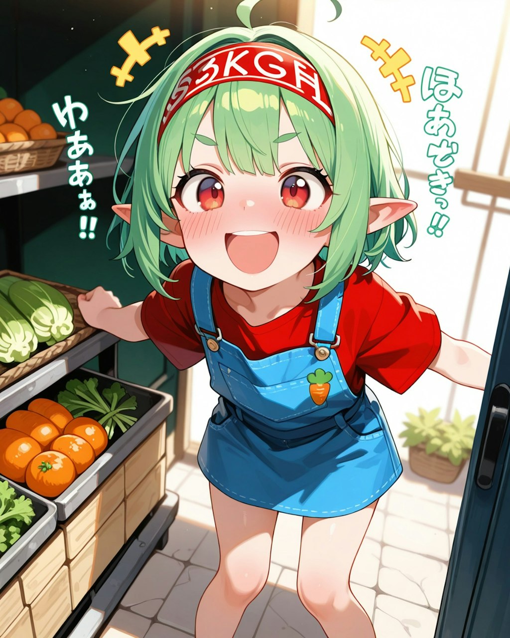 自分ちの畑で採れた野菜を市場で売り込むうちのエルフ