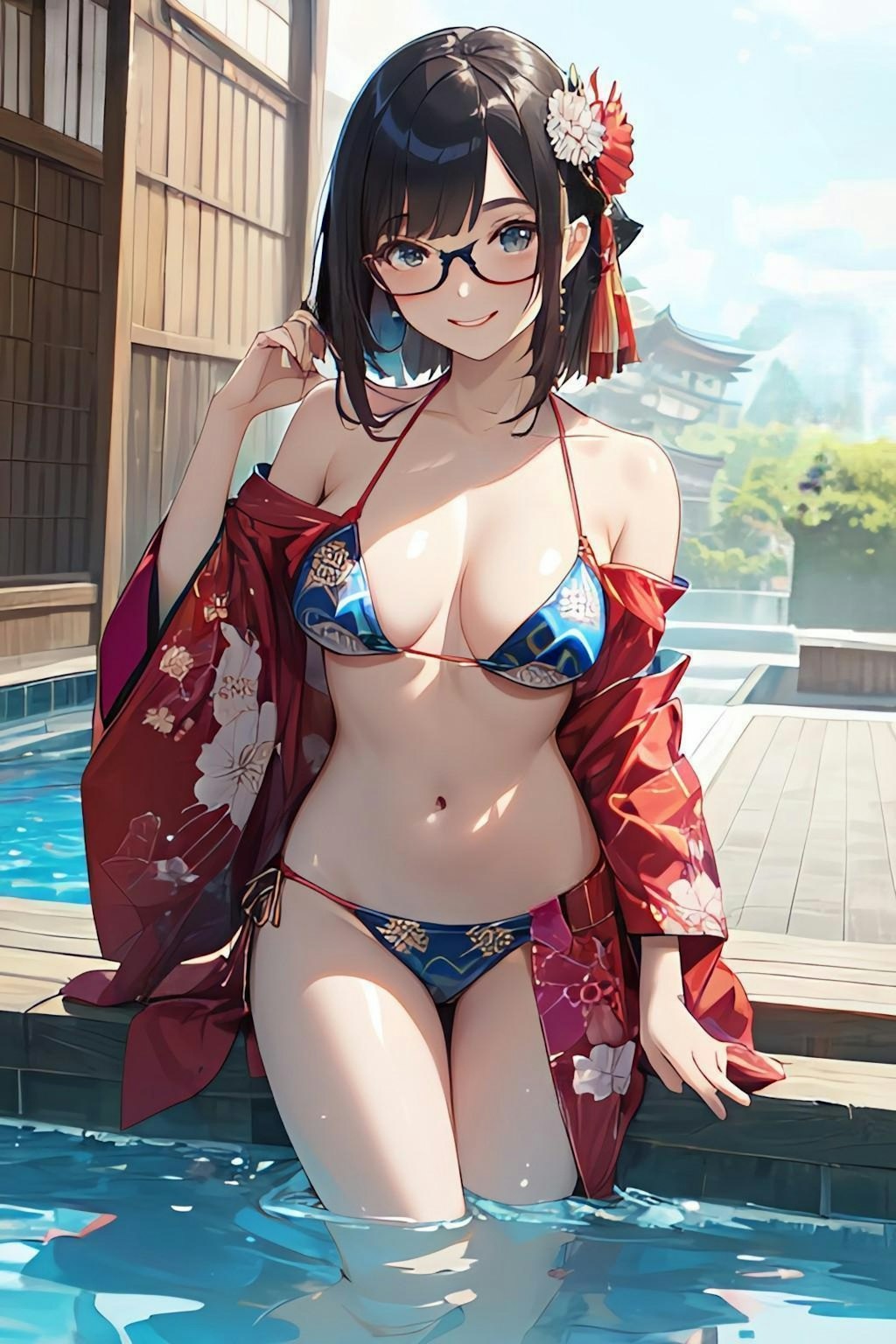 和柄ビキニのお姉さん👘👙