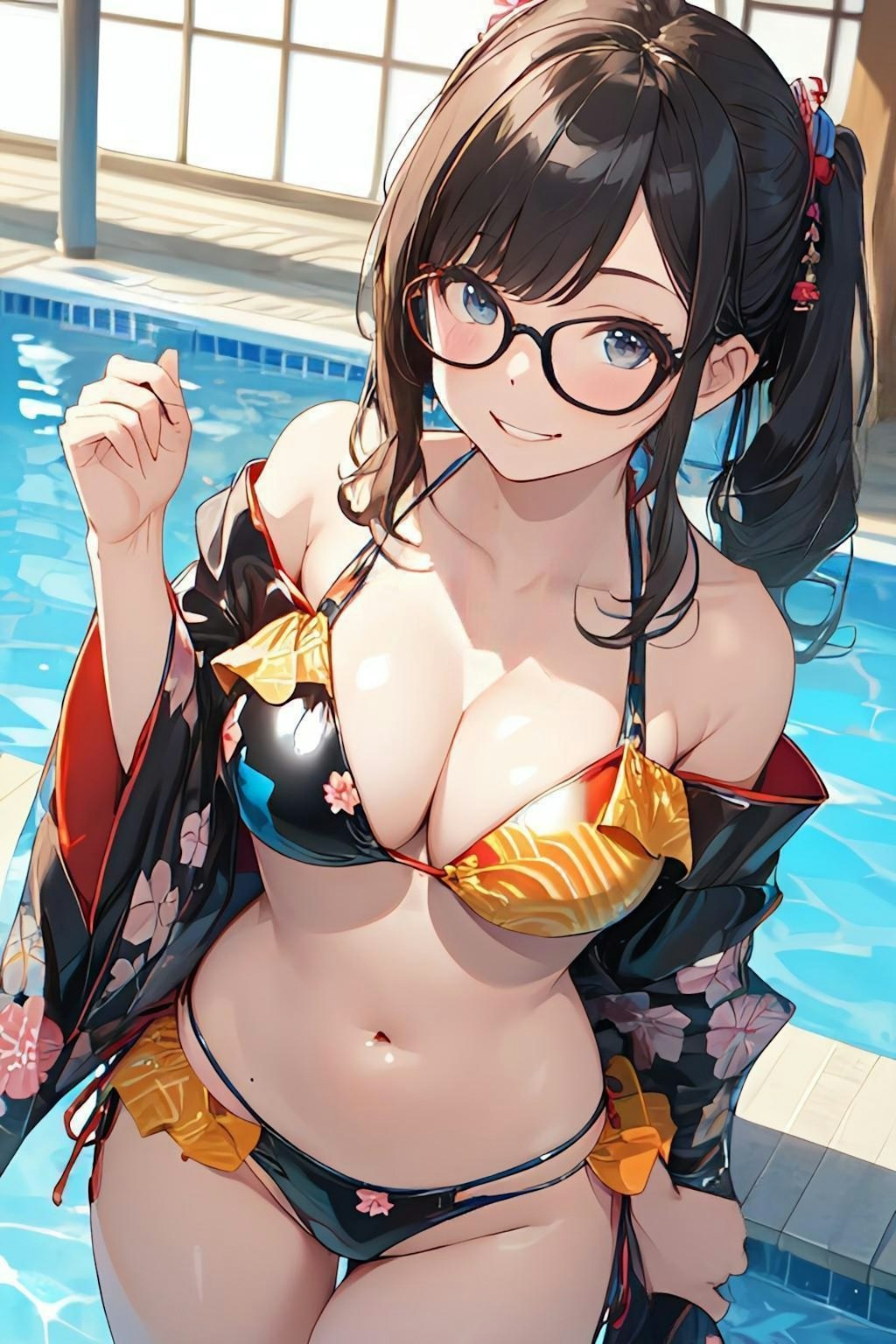 和柄ビキニのお姉さん👘👙