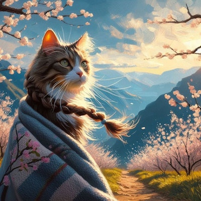 アクリル風　春の　#三つ編み 猫
