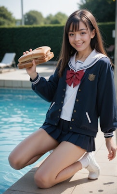 プールサイドでパンを持った女子高生のグラビア