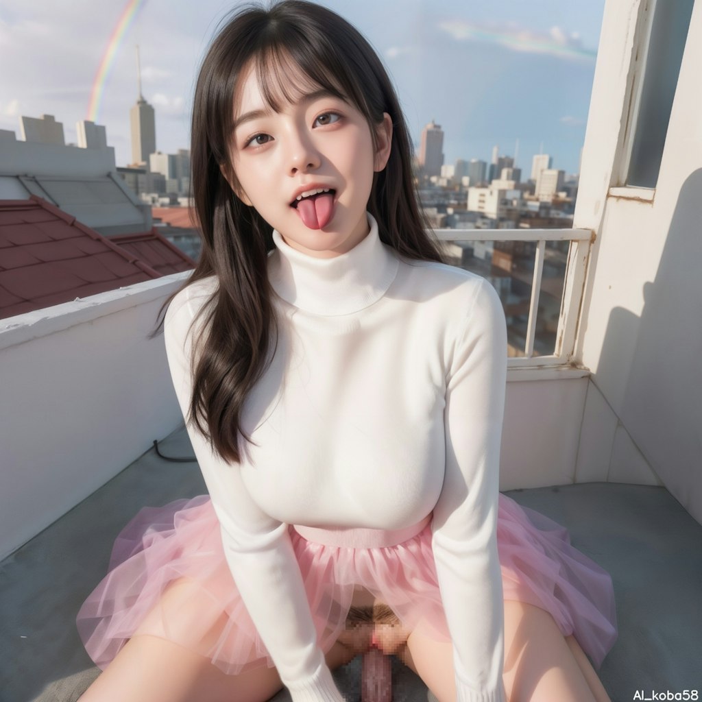 Vol86_Rainbow-colored tulle skirt+neon pink turtle-neck sweater NSFW