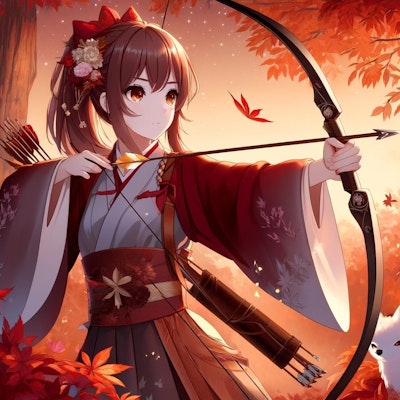 紅葉の中で弓道の練習