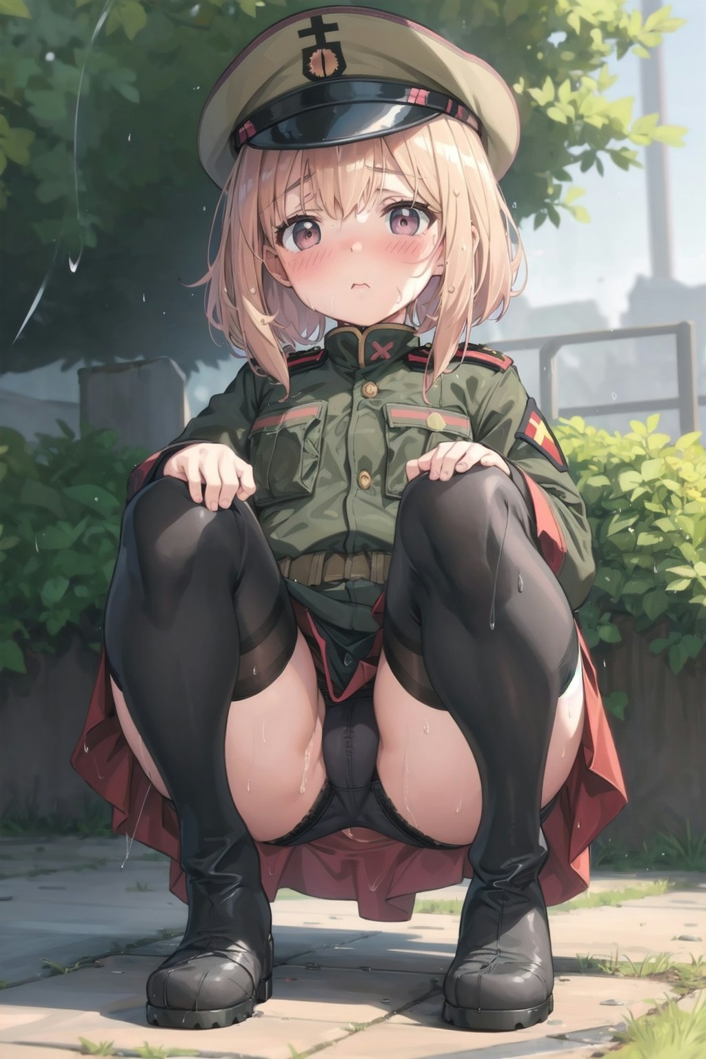 木陰でしゃがむ軍服幼女