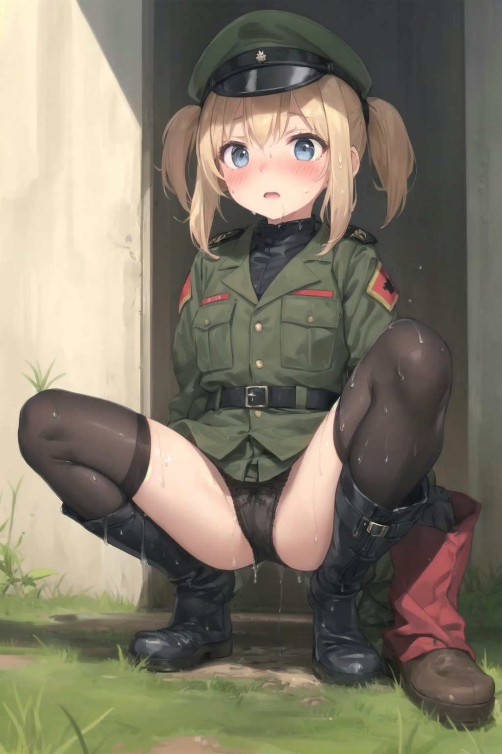 木陰でしゃがむ軍服幼女