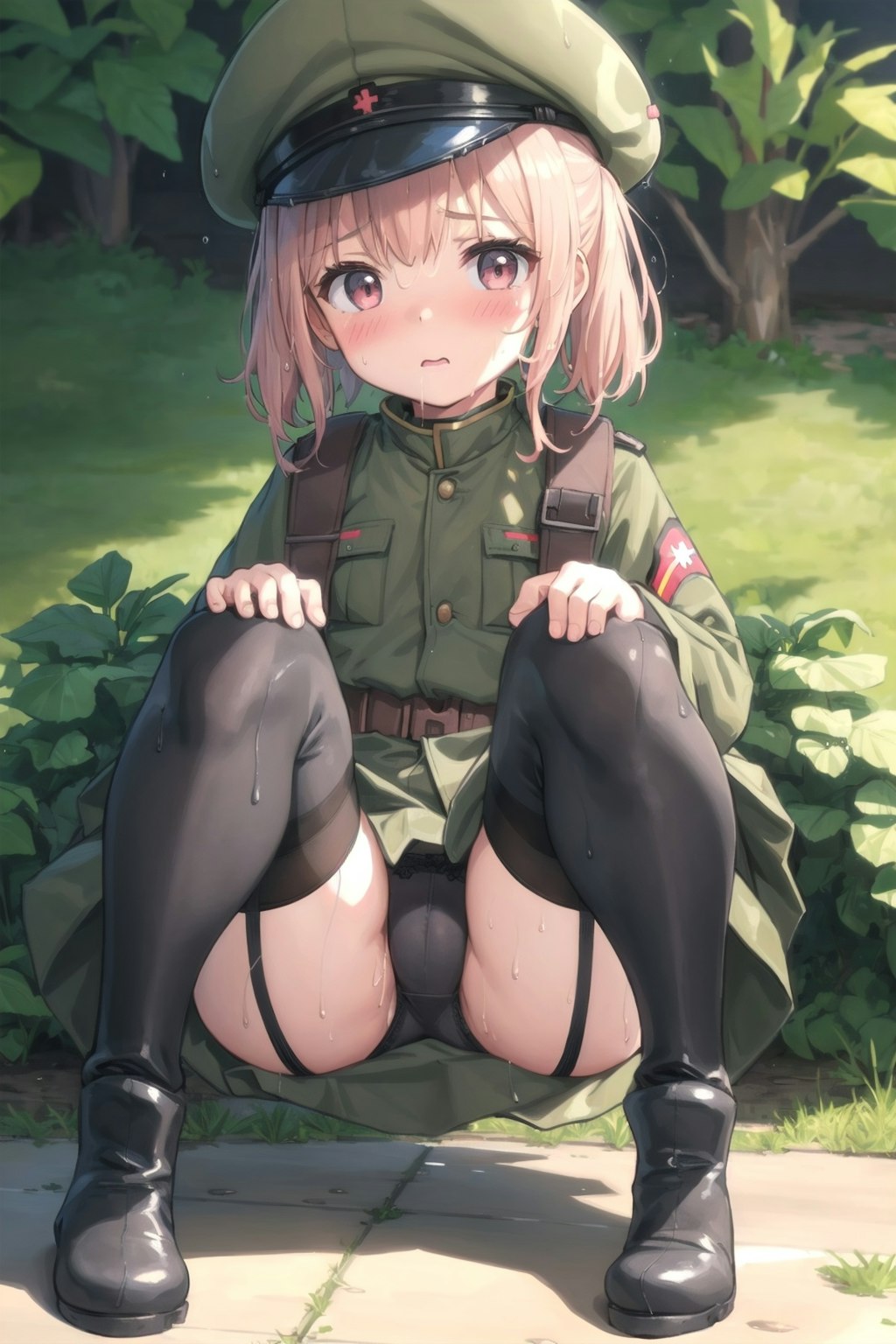 木陰でしゃがむ軍服幼女