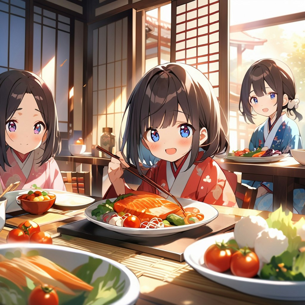 夏 祖父母の家での夕食どきの小さな女の子