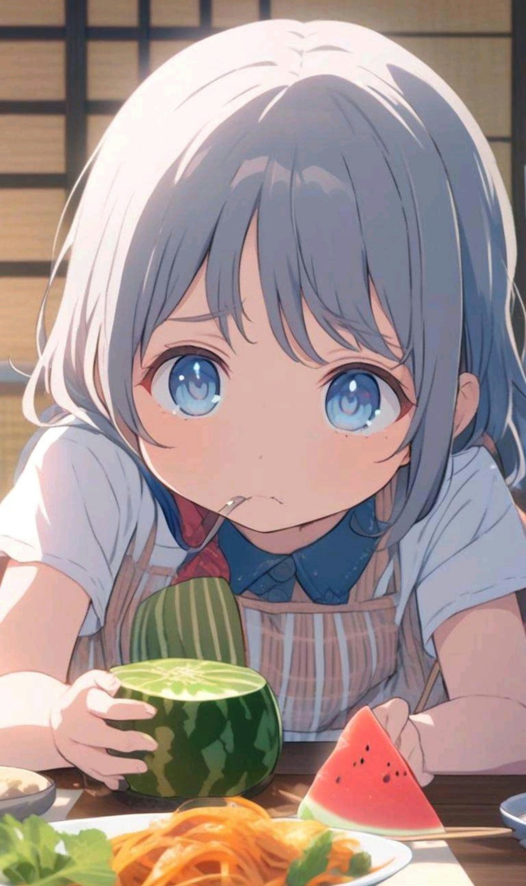 夏 祖父母の家での夕食どきの小さな女の子