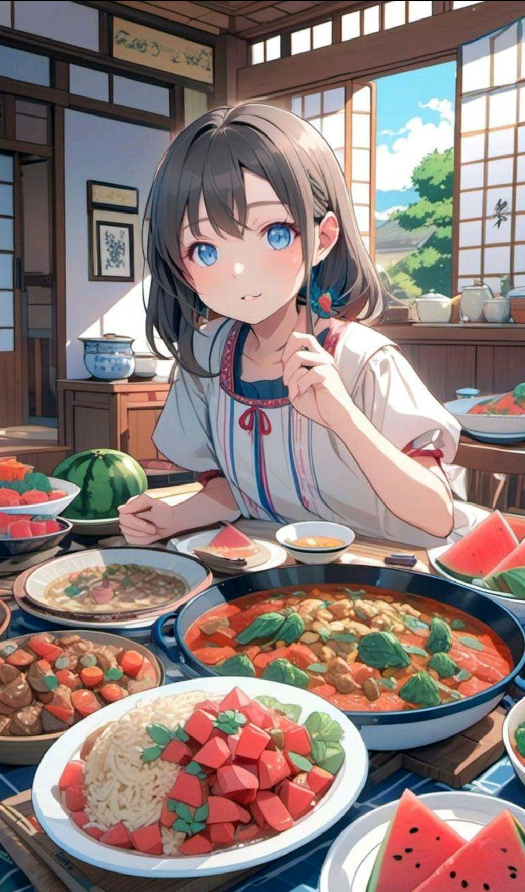 夏 祖父母の家での夕食どきの小さな女の子