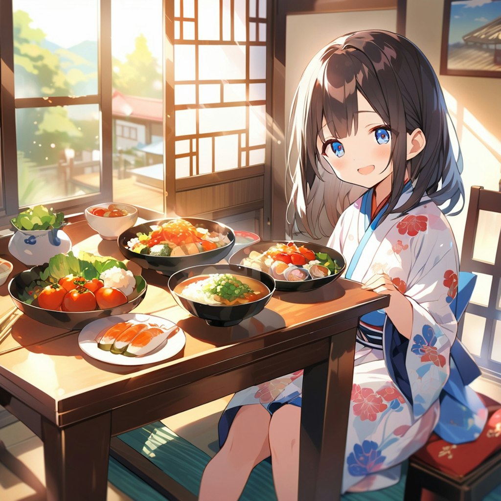 夏 祖父母の家での夕食どきの小さな女の子