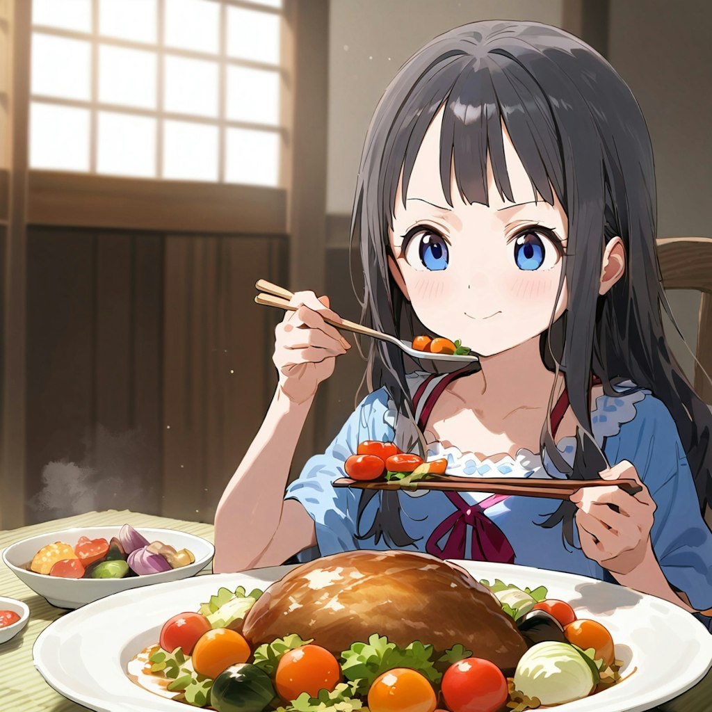 夏 祖父母の家での夕食どきの小さな女の子