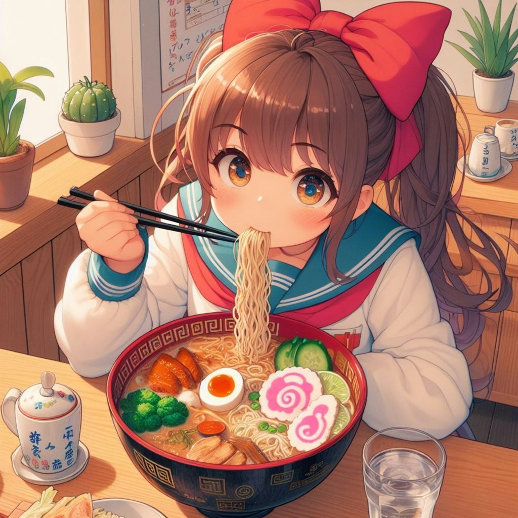 ラーメンをすする女子校生