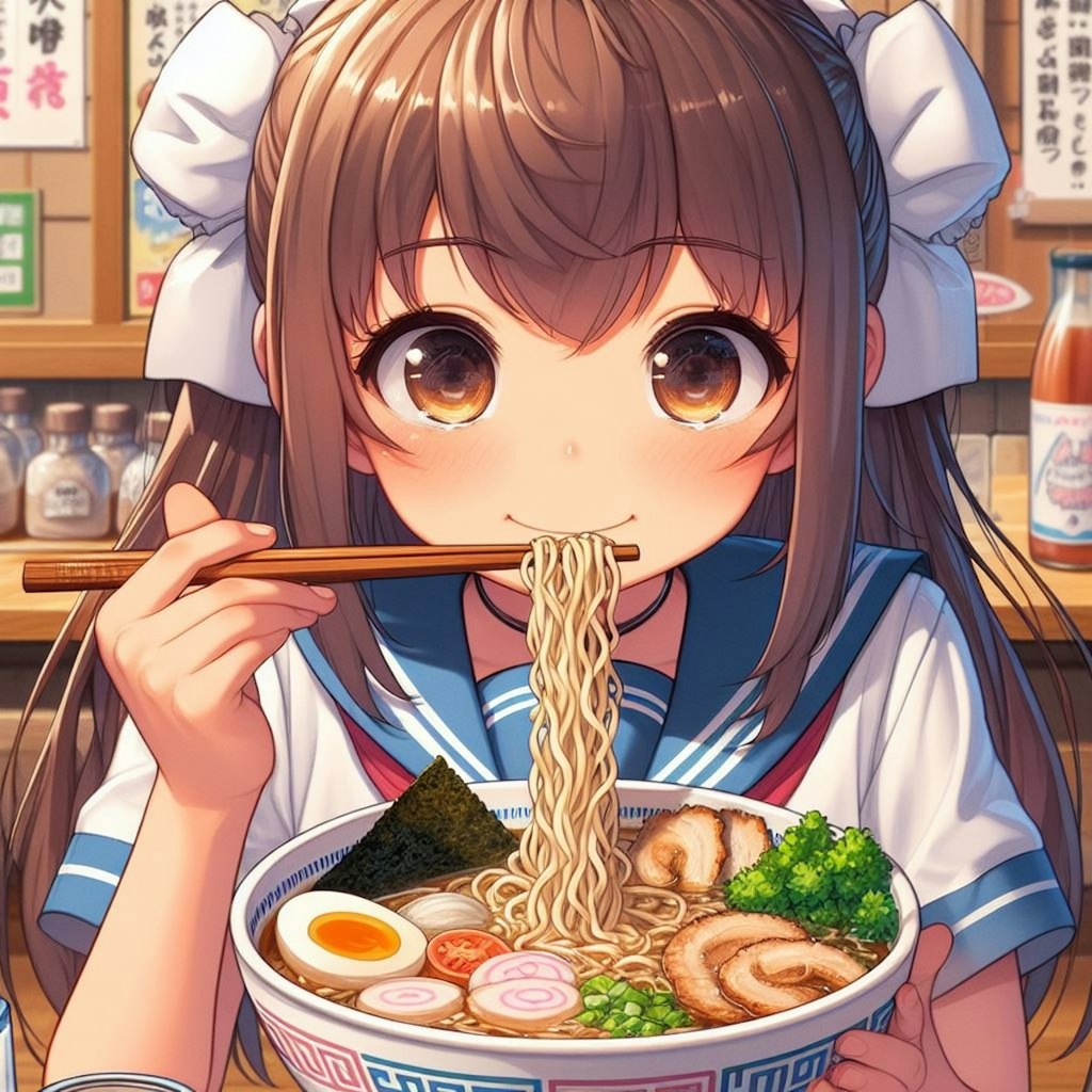 ラーメンをすする女子校生