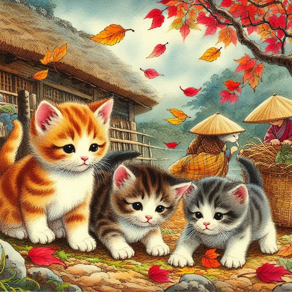 子猫と散り紅葉