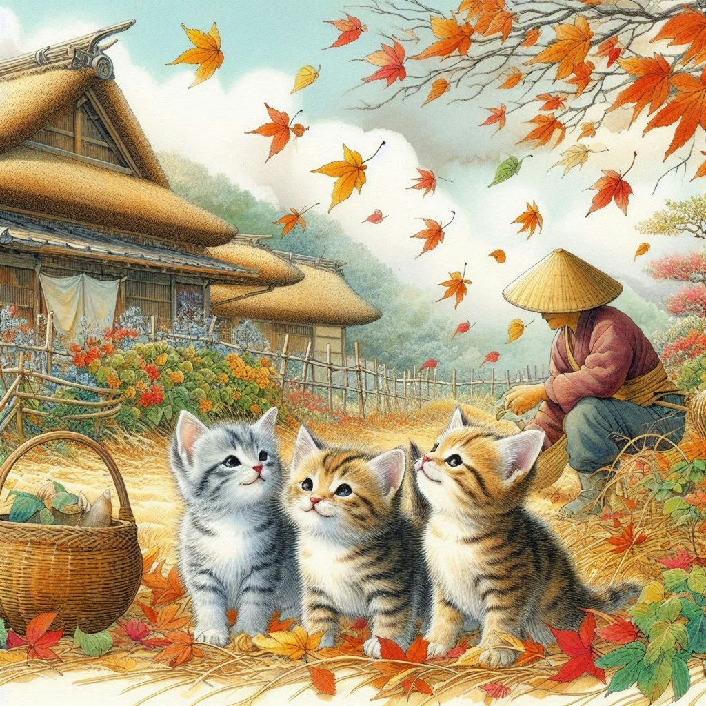 子猫と散り紅葉