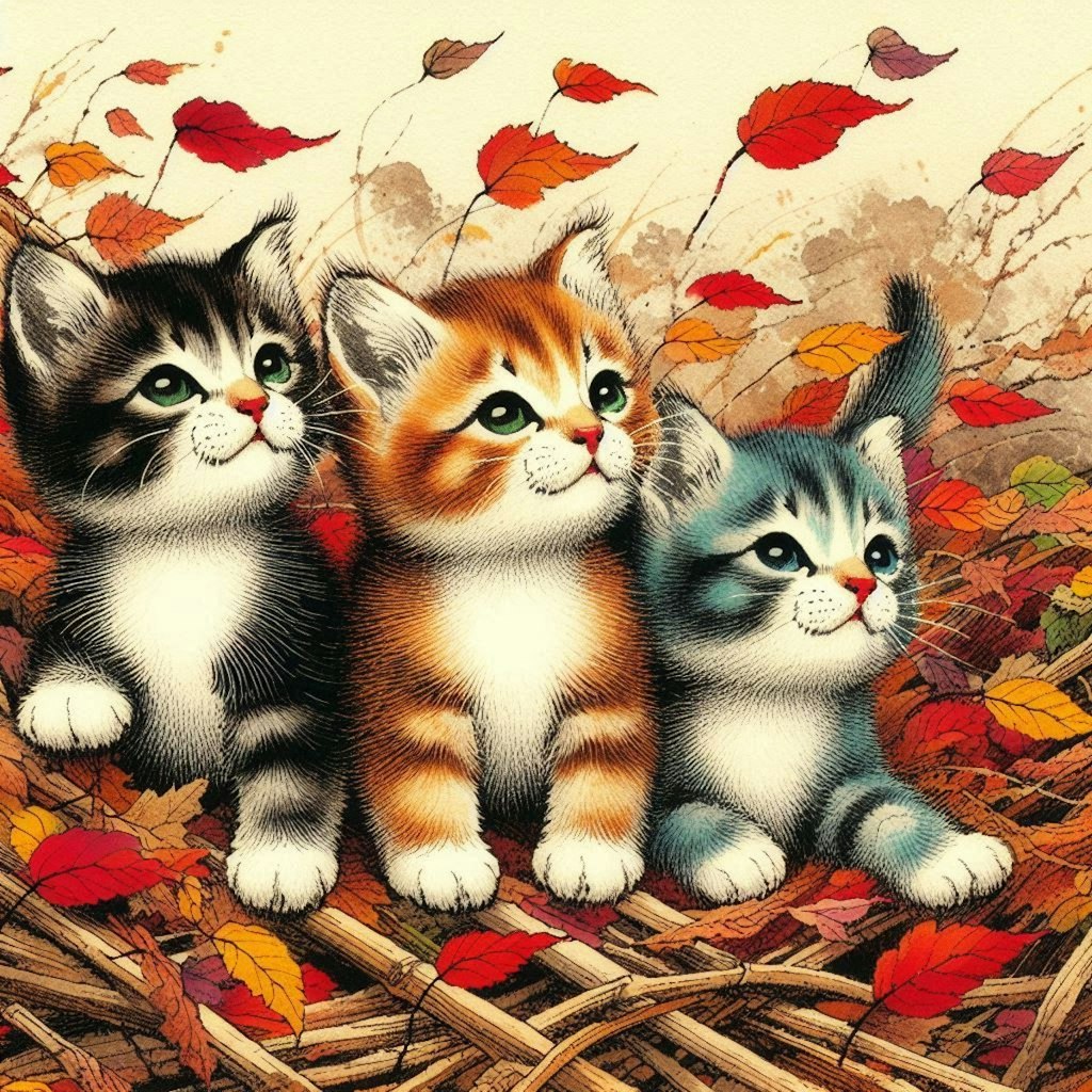 子猫と散り紅葉