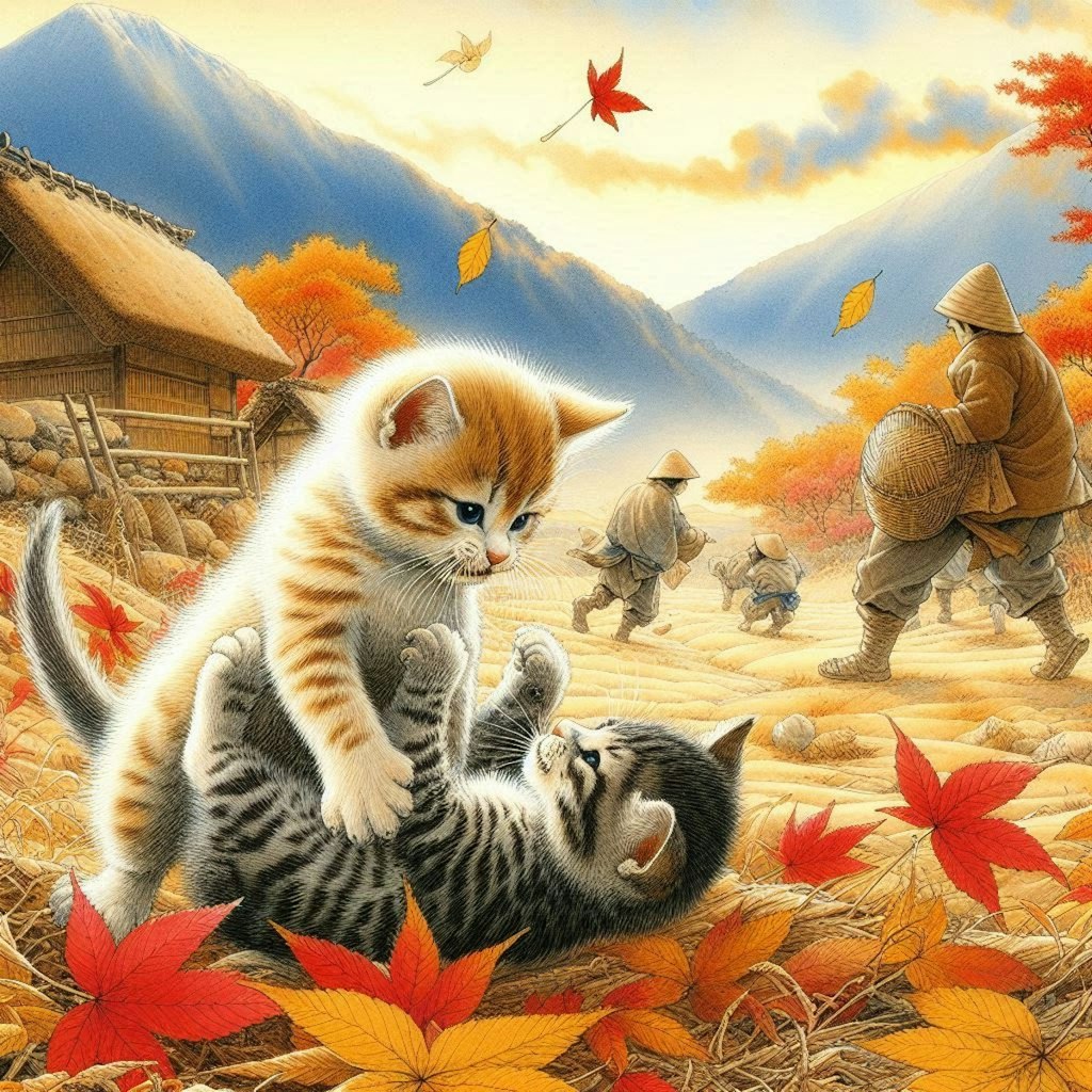 子猫と散り紅葉