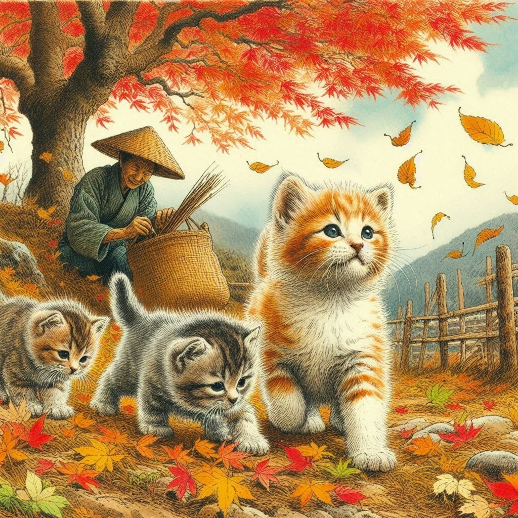 子猫と散り紅葉