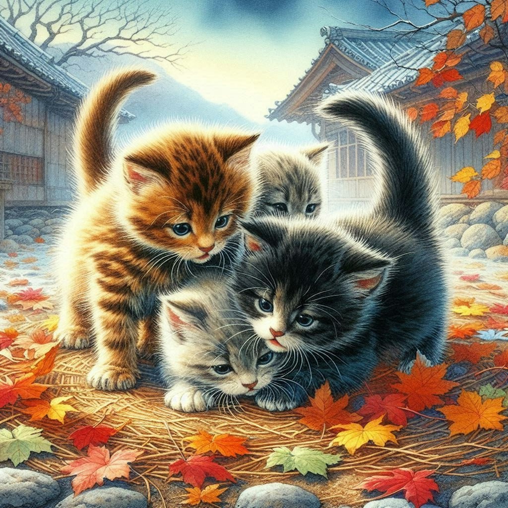 子猫と散り紅葉