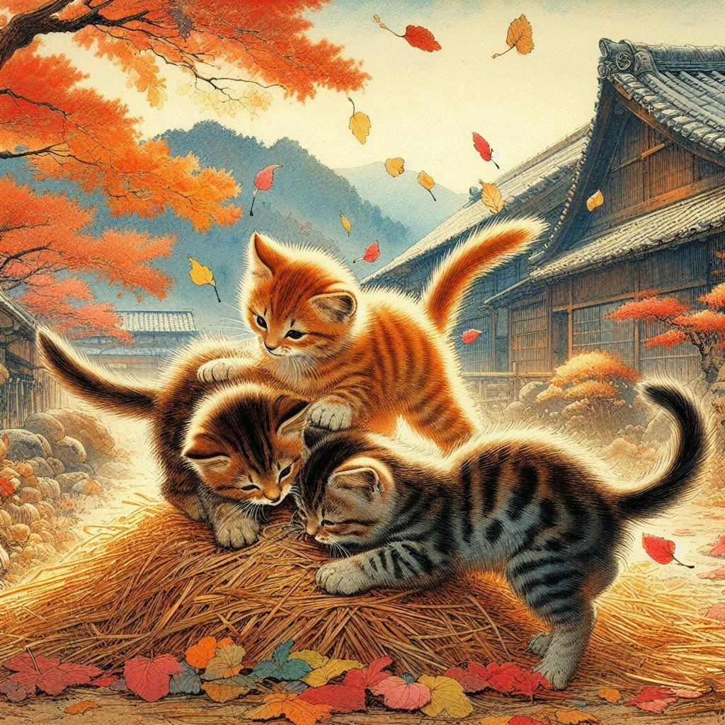 子猫と散り紅葉